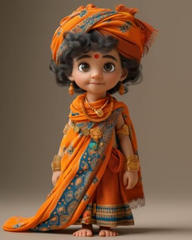 Cartoon, 3D child in national traditional Indian attire. Selective focus