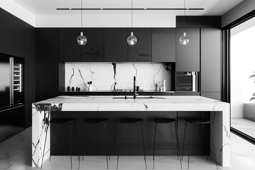 A black and white kitchen with a modern design, featuring cabinets, countertops, appliances, and a dining area.