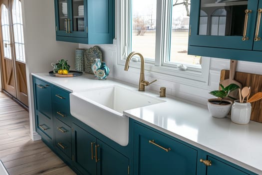 A kitchen featuring blue cabinets and a white sink, creating a modern and clean aesthetic.
