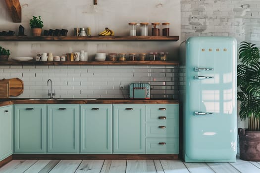 A blue refrigerator stands in a kitchen next to a brick wall.