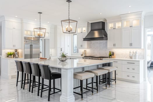 A large kitchen featuring a central island surrounded by chairs, perfect for dining and meal preparation.