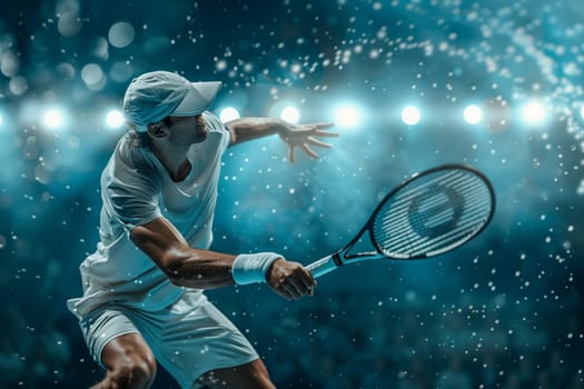 A male tennis player intensely competing on the court during a game, showcasing skill and agility in his movements.