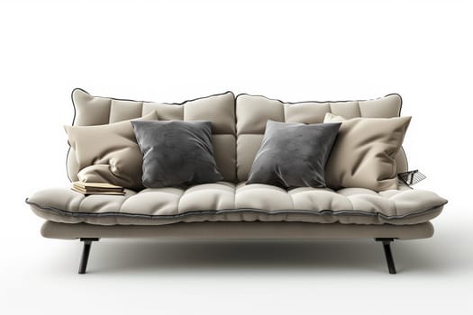 A couch with numerous pillows neatly arranged on top, creating a cozy and inviting seating area.