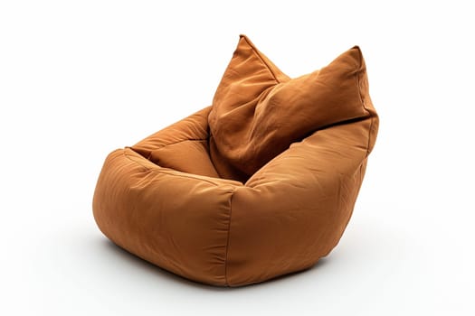 A brown bean bag chair is placed on top of a white floor.