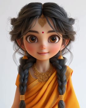 Cartoon, 3D girl in national traditional Indian attire. Selective focus