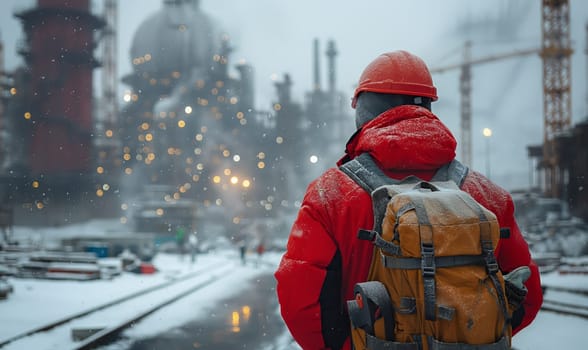 Worker at a construction site in winter, rear view. Selective soft focus.