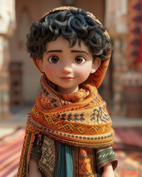 Cartoon, 3D child in national traditional Moroccan outfit. Selective focus