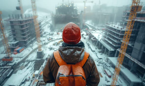 Worker at a construction site in winter, rear view. Selective soft focus.