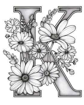 Coloring book for children letter K with flowers. Selective focus