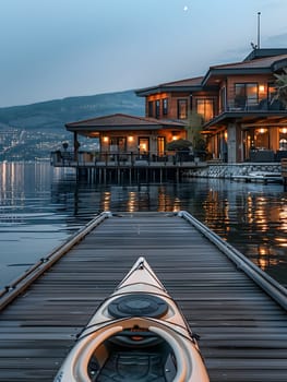 A watercraft, kayak is docked at a wooden dock by a lake with a house in the background under a cloudy sky. Boats and boating equipment are visible