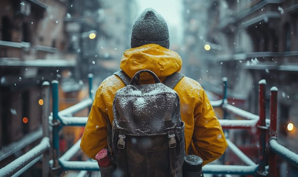 Worker at a construction site in winter, rear view. Selective soft focus.