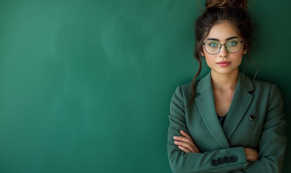 Woman in Glasses With Green Background. Selective focus