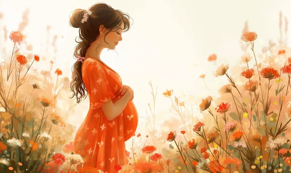 Illustration of a pregnant woman among flowers. Selective focus.