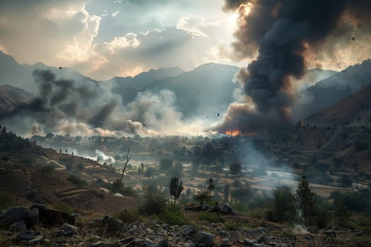 A significant fire emitting yellow smoke, likely from a shell explosion during war, producing thick plumes.