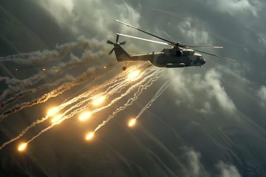 A war helicopter soars through a cloudy sky illuminated with lights, symbolizing combat missions in action.