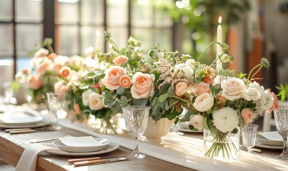 Floral arrangement of various flowers on the festive table. Selective focus