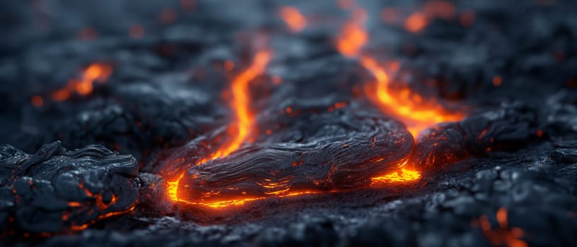 Abstract background of extinct lava with red gaps. Selective soft focus.