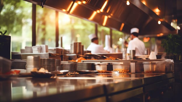 Chefs in a commercial kitchen prepare meals with focus and efficiency, amidst the warm glow of overhead lights reflecting on stainless steel surfaces - Generative AI