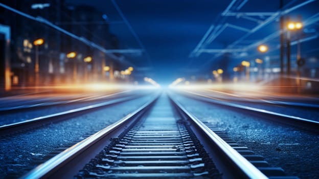 Long exposure captures the hypnotic light trails along urban railway tracks during the blue hour of twilight - Generative AI