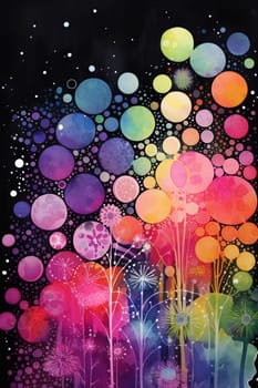 A vivid abstract art piece featuring colorful watercolor bubbles rising above dandelion seeds against a dark backdrop resembling a night sky