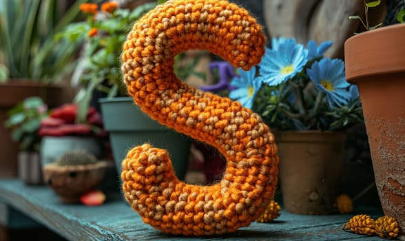 Knitted colored letter S on an abstract background. Selective focus.