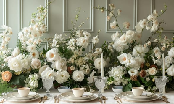 Floral arrangement of various flowers on the festive table. Selective focus