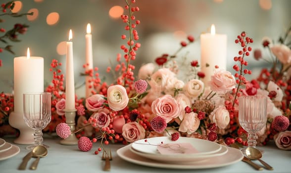 Floral arrangement of various flowers on the festive table. Selective focus