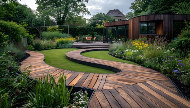 A wooden walkway winds through a garden with a house in the background, surrounded by lush green grass, trees, and other natural landscape elements