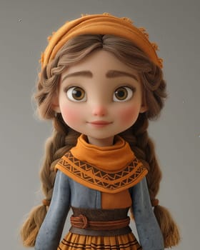 Cartoon, 3D girl in a national traditional European outfit. Selective focus