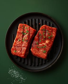 Two pieces of meat cooking on a grill. Selective focus