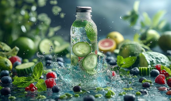 Glass Bottle Filled With Cucumbers and Berries. Selective focus.