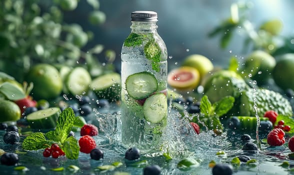 Glass Bottle Filled With Cucumbers and Berries. Selective focus.