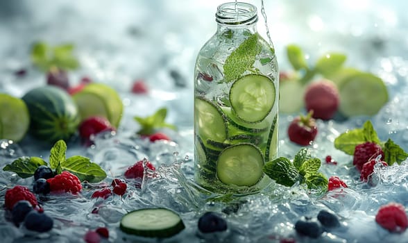 Glass Bottle Filled With Cucumbers and Berries. Selective focus.