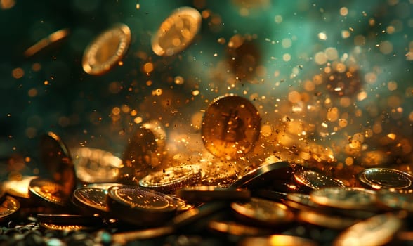 Bitcoin gold coins in dynamic movement. Selective focus