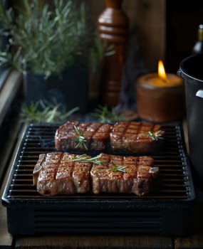 Two pieces of meat cooking on a grill. Selective focus