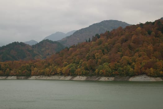 A serene lake with a forested hillside in autumn colors under a cloudy sky. The trees display a mix of red, orange, and green foliage. Mountains are visible in the background.