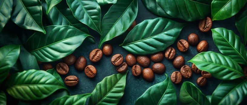 Coffee Beans and Leaves on Dark Background. Selective focus