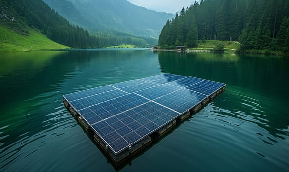 Floating solar panel system on a lake. Selective soft focus.