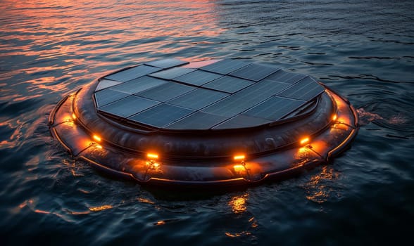 Floating solar panel system on a lake. Selective soft focus.