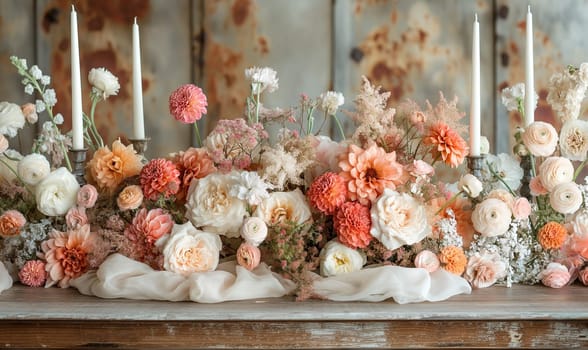 Floral arrangement of various flowers on the festive table. Selective focus