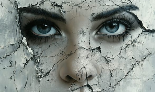 Cracked Paint Adorns Womans Face. Selective focus