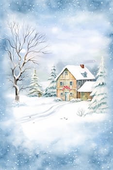 Merry Christmas and Happy Holidays, watercolour printable art print, English countryside cottage as snow winter holiday Christmas card, thank you and diy greeting card design, country style idea