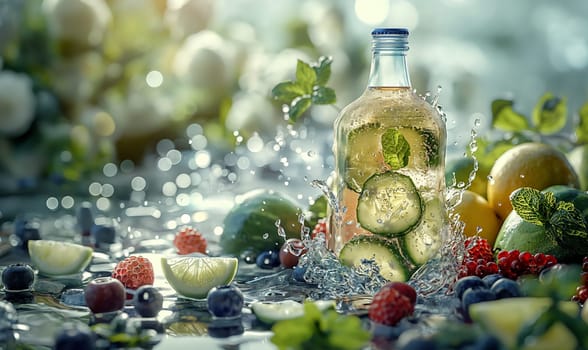 Glass Bottle Filled With Cucumbers and Berries. Selective focus.