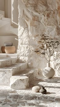 A staircase made of wood leads up to a stone wall with a vase holding a plant. The ancient bedrock carved with history and art adds to the landscape