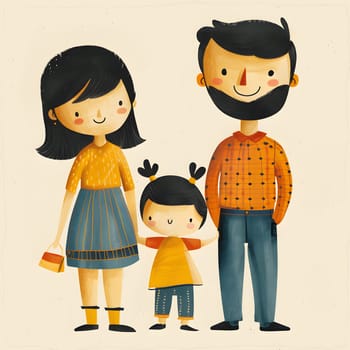 A cartoon illustration of a family standing next to each other with different hairstyles and headgear. Each member is holding a toy or doll and wearing outerwear with unique sleeve gestures