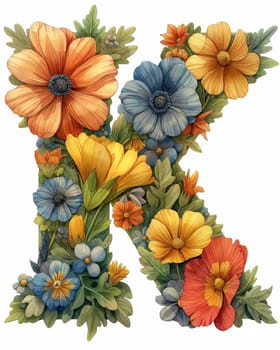 The letter K of colorful flowers on a white background. Selective focus.