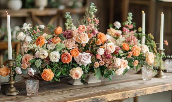 Floral arrangement of various flowers on the festive table.Selective focus