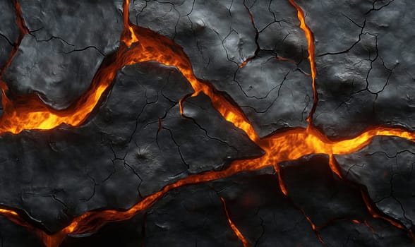 Abstract background of extinct lava with red gaps. Selective soft focus.