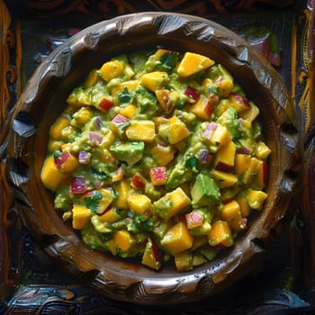 A foodfilled wooden bowl with a variety of fresh vegetables including yellow pepper, perfect for cooking a delicious dish. Essential tableware for any cuisine recipe