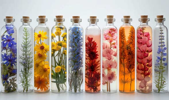 Row of Glass Bottles Filled With Flowers. Selective focus